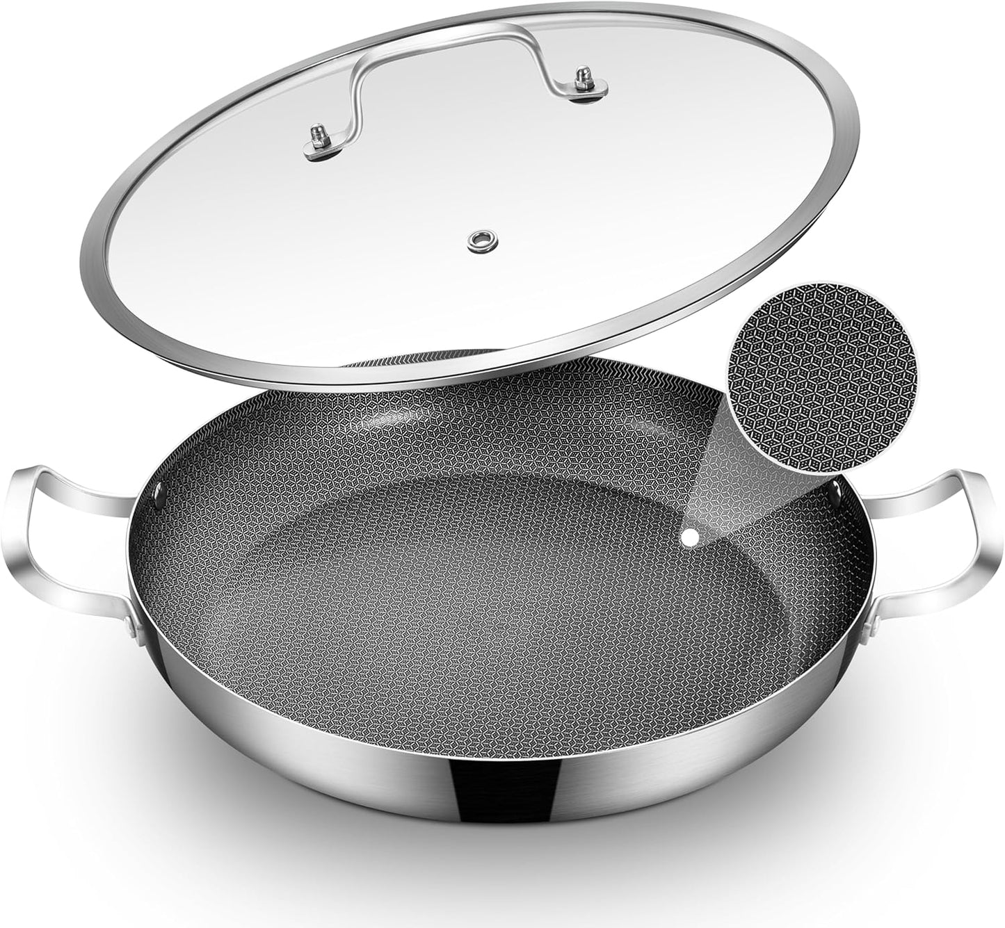 12 Inch Stainless Steel Paella Pan with Lid, Hybrid Ceramic Nonstick Skillet for 2–4 People, Induction Paella Pan for Seafood & Family Meals — Oven-safe Up to 600°F, SGS-certified