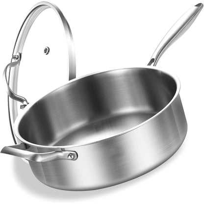 LOLYKITCH 7 QT Tri-Ply Stainless Steel Sauté Pan with Lid,12 inch Deep Frying pan,Large Skillet,Jumbo Cooker,Induction Cooking Pan,Oven Safe and Detachable Handle.