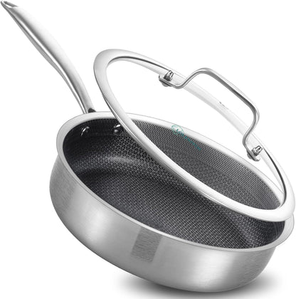 LOLYKITCH 3 QT Tri-Ply Stainless Steel Non-stick Sauté Pan with Lid,10 Inch Deep Frying Pan,Skillet,Jumbo Cooker,Induction Pan,Detachable Handle and Oven Safe.