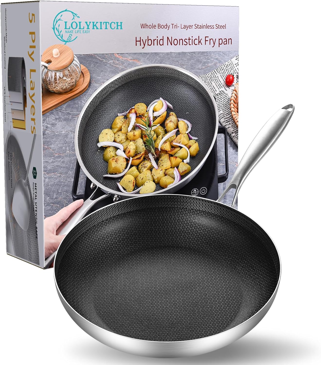 LOLYKITCH 8.5 Inch Tri-ply Hybrid Stainless Steel Non-stick Sauté Pan,Induction Deep Frying Pan,Skillet,Small Egg Pan,Oven Safe,Detachable Handle.