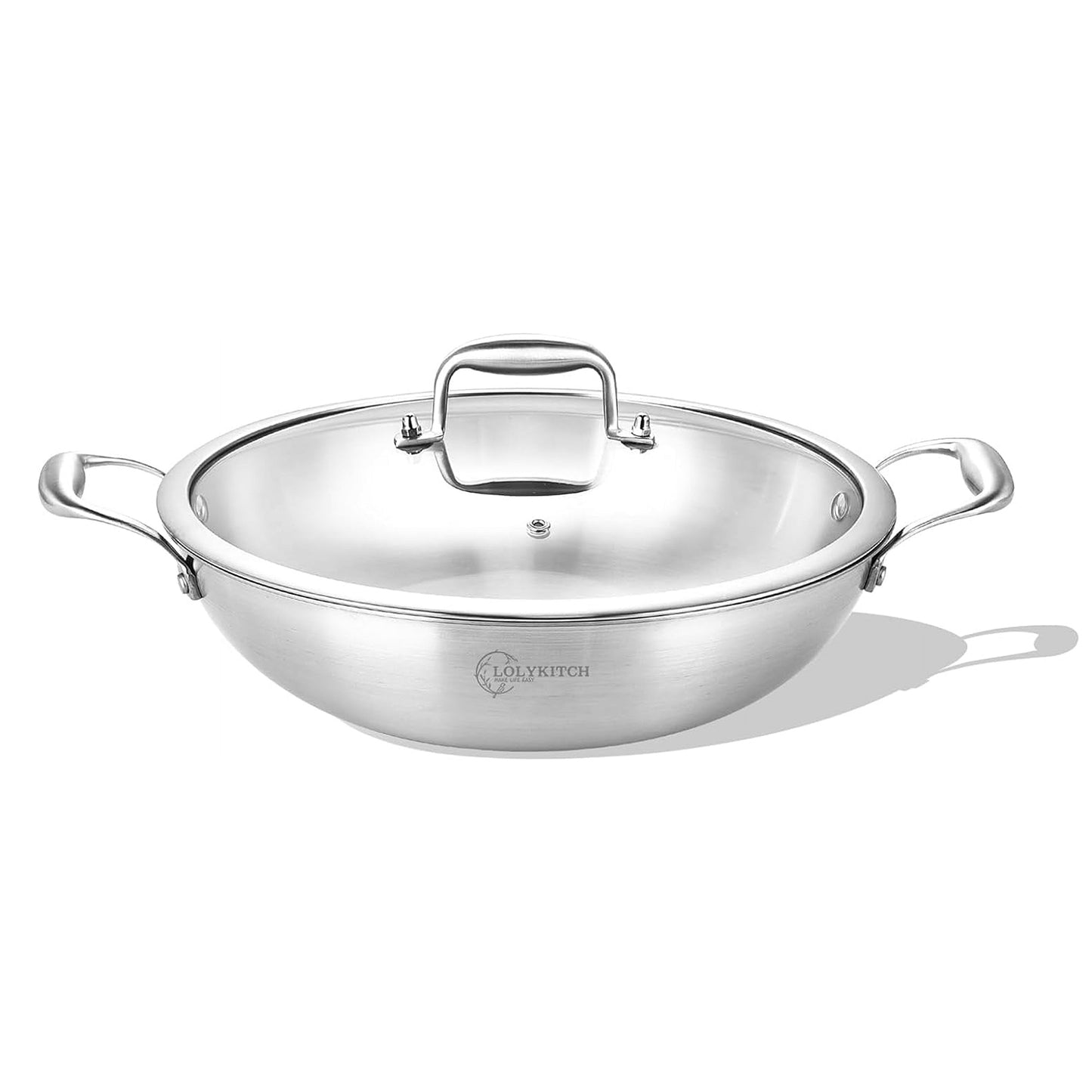 LOLYKITCH 13 Inch Tri-Ply Stainless Steel Wok Pan with Lid,Deep Frying Pan,Saute Pan,Jumbo Cooker,Induction Cookware,Dishwasher and Oven Safe.（5.8 Quarts）