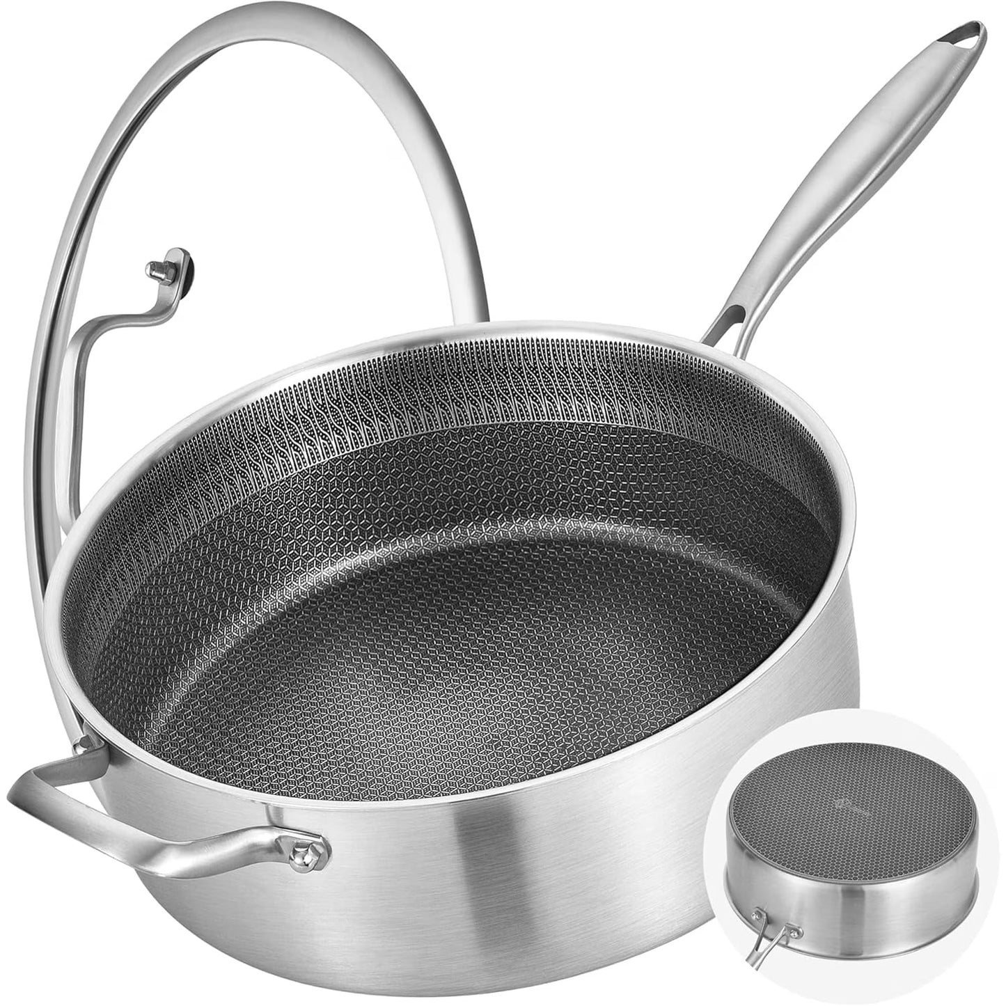 LOLYKITCH 7 Quarts Hybrid Non Stick Tri-Ply Stainless Steel Sauté Pan with Lid,12 inch Deep Frying Pan,Large Skillet,Induction Cooking Pan,Oven Safe and Detachable Handle.