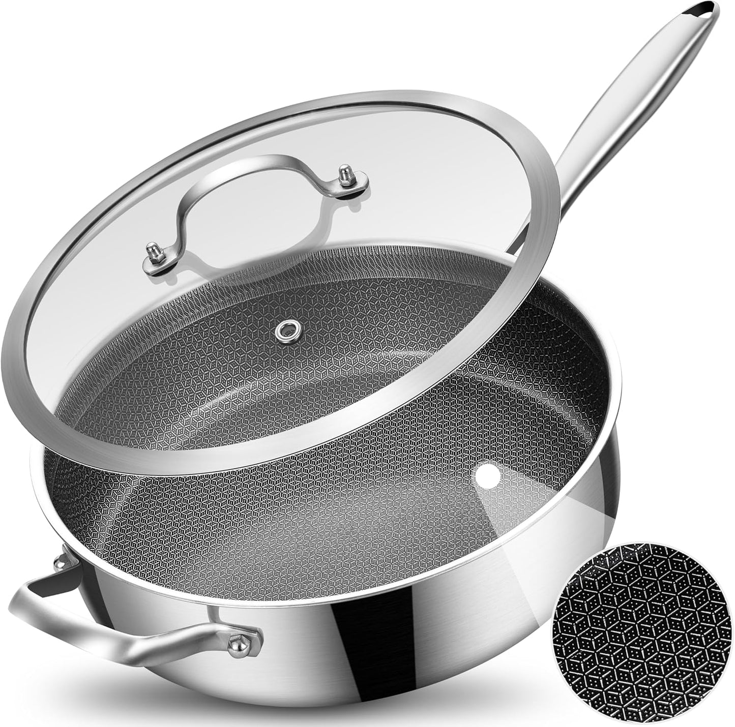 LOLYKITCH 5 QT Hybrid Ceramic Coating Non Stick Tri-Ply Stainless Steel Sauté Pan with Lid, 12 Inch Deep Frying Pan PFOA & PFOS Free,Induction Cooking Pan, Dishwasher and Oven Safe