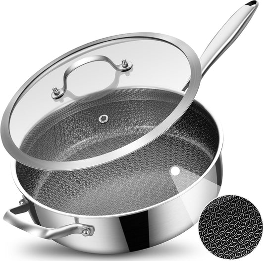 LOLYKITCH 5 QT Hybrid Ceramic Coating Non Stick Tri-Ply Stainless Steel Sauté Pan with Lid, 12 Inch Deep Frying Pan PFOA & PFOS Free,Induction Cooking Pan, Dishwasher and Oven Safe