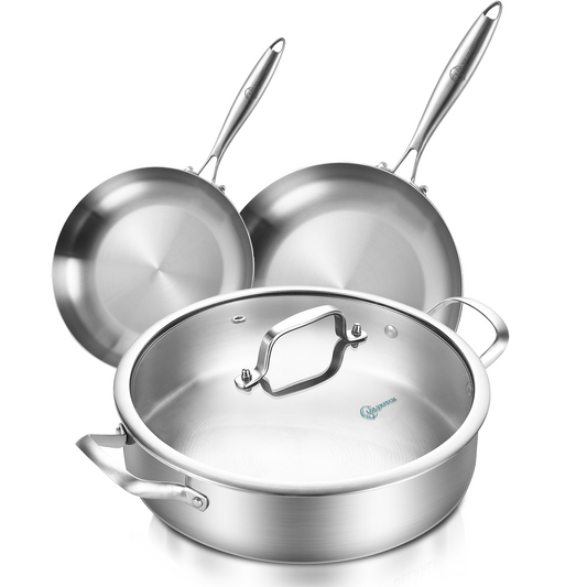 LOLYKITCH Whold Clad Tri-ply Stainless Steel 8-10 Inch Frying Pans and 6 QT Saute Pan with Lid,Skillets,Induction Cookware Set,Pot and Pan Set,Dishwasher and Oven Safe.