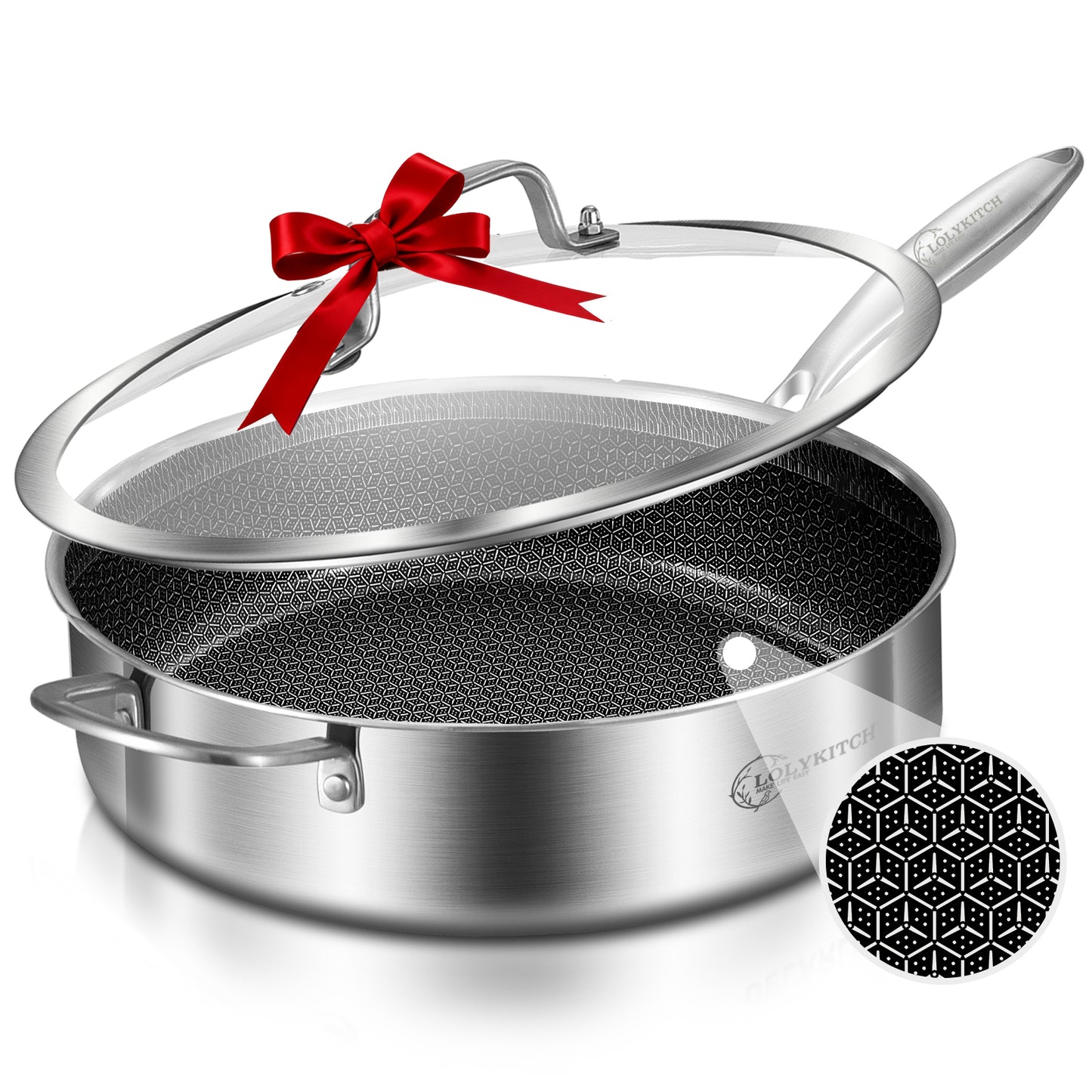 LOLYKITCH 6 QT Hybrid Tri-Ply Stainless Steel Non-Stick Sauté Pan with Lid,12 Inch Deep Frying Pan,Large Skillet,Jumbo Cooker,Induction Pan, Oven Safe and Detachable Handle.