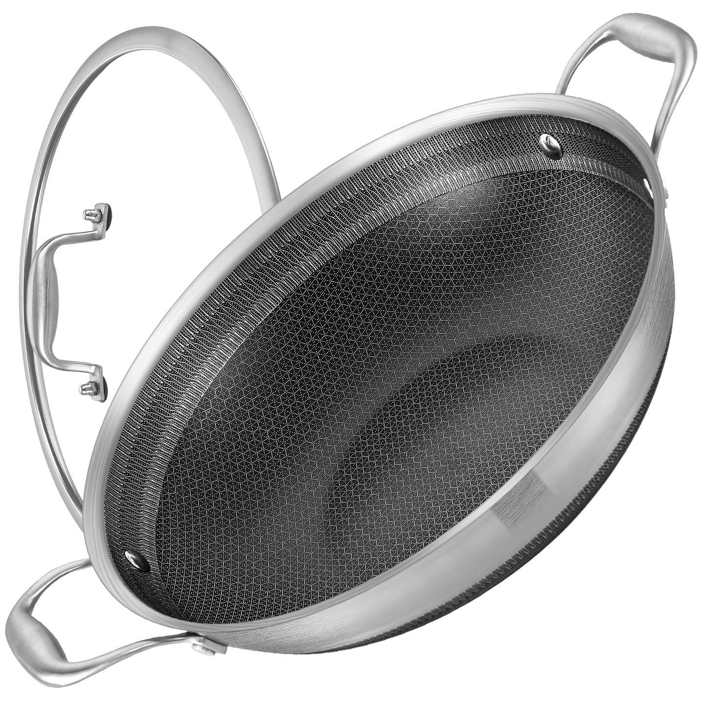 LOLYKITCH 13 inch New Hybrid Tri-Ply Stainless Steel Wok Pan with Lid,Ceramic Non Stick Stir-Fry Pans,Induction Cooking Pot,Dishwasher and Oven Safe.