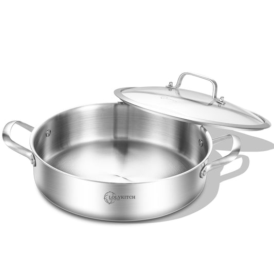 LOLYKITCH 5 QT Tri-Ply Stainless Steel Sauté Pan with Lid,12 Inch Deep Frying pan,Large Skillet,Jumbo Cooker,Induction Pot,Dishwasher and Oven Safe.