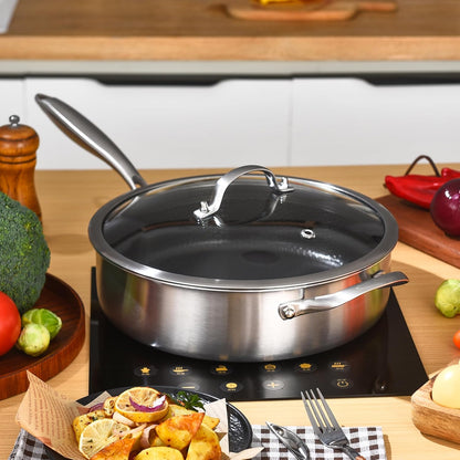 LOLYKITCH 5 QT Hybrid Ceramic Coating Non Stick Tri-Ply Stainless Steel Sauté Pan with Lid, 12 Inch Deep Frying Pan PFOA & PFOS Free,Induction Cooking Pan, Dishwasher and Oven Safe