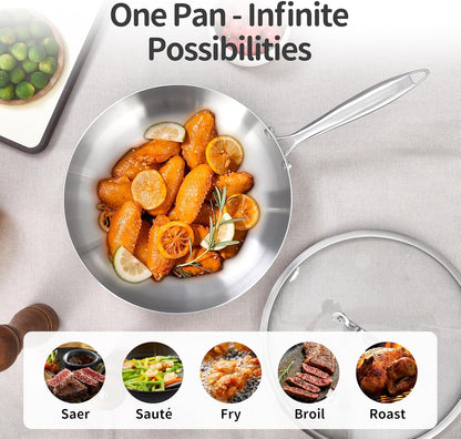 LOLYKITCH 10-12 Inch Tri-ply Stainless Steel Frying Pan Set with Lids,Skillets,Induction Cookware Set,Dishwasher and Oven Safe,Detachable Handle