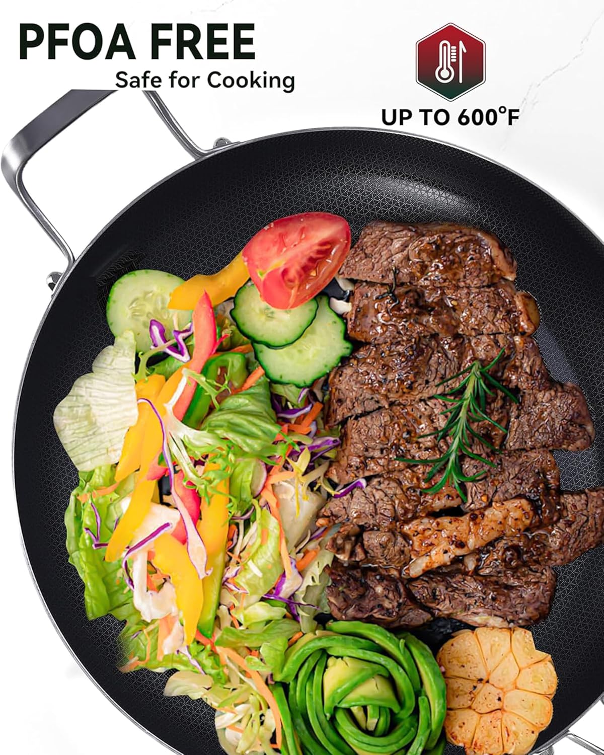 Bzayeat 14-Inch Nonstick Hybrid Frying Pan with Lid, Ceramic Coated Tri-Ply Stainless Steel Induction Chef's Pan, Large Skillet, PFOA Free, Oven & Dishwasher Safe for All Stoves, Detachable Handle