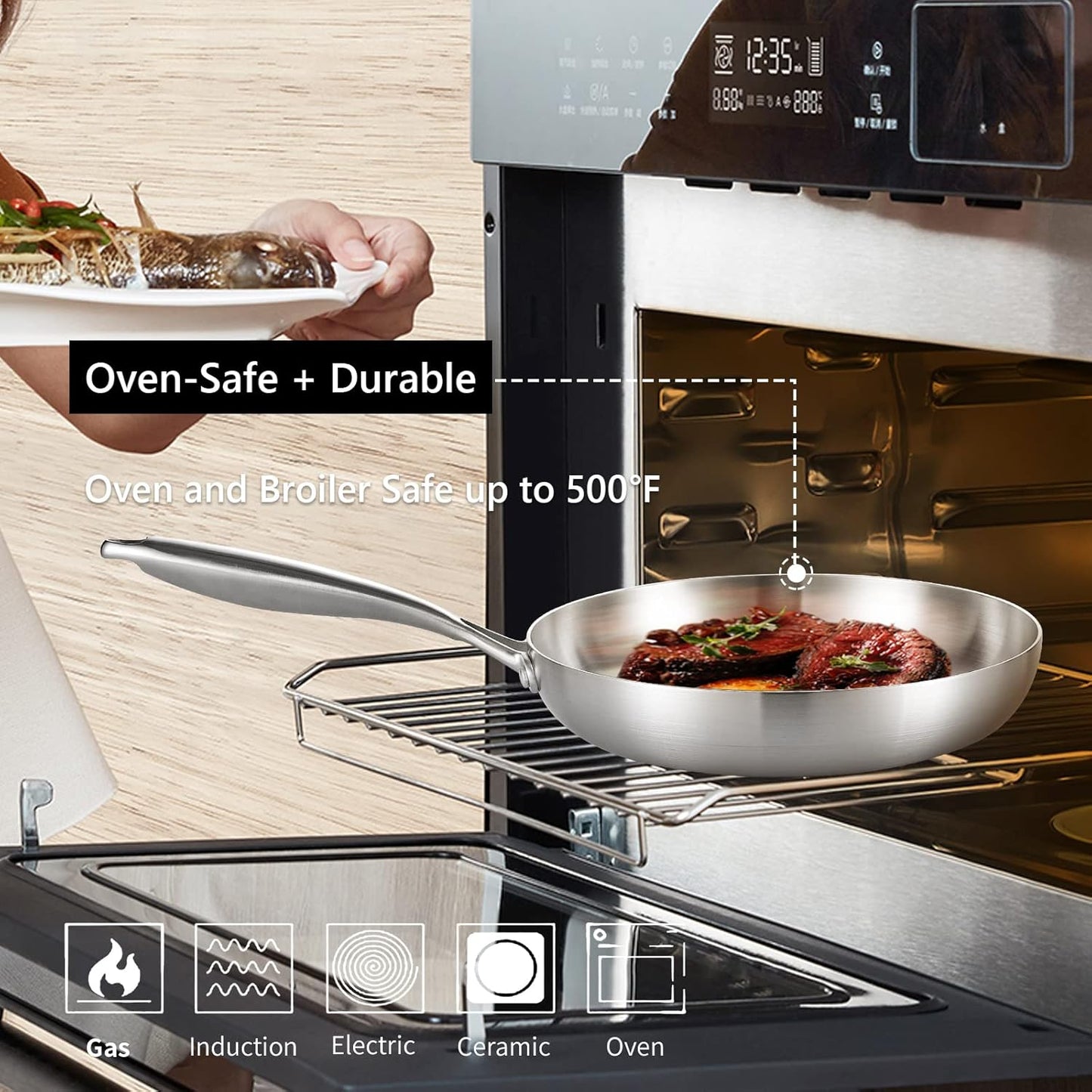 LOLYKITCH 8.5 InchTri-Ply Stainless Steel Frying Pan,Skillet,Induction Cooking Pan,Dishwasher and Oven Safe,Detachable Handle