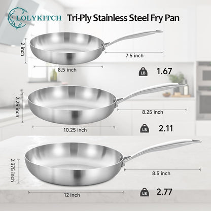 LOLYKITCH 8.5-10-12 Inch Tri-ply Stainless Steel Frying Pans Set of 3,Skillets,Induction Cookware Set,Oven and Dishwasher Safe,Riveted Handle