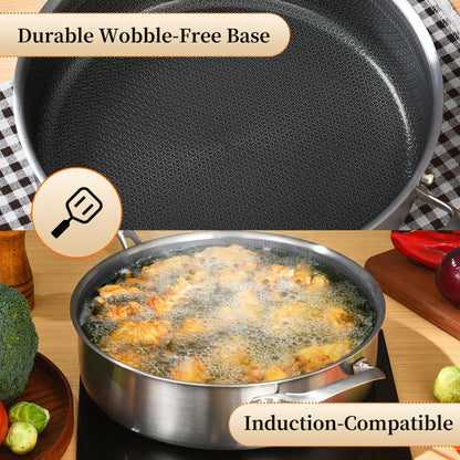 LOLYKITCH 7 Quarts Hybrid Non Stick Tri-Ply Stainless Steel Sauté Pan with Lid,12 inch Deep Frying Pan,Large Skillet,Induction Cooking Pan,Oven Safe and Detachable Handle.