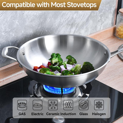 LOLYKITCH 14 inch Tri-Ply Stainless Steel Wok Pan, Stir-Frying Pan,Induction Cooking Pan,Dishwasher and Oven Safe,Heavy Duty and Detachable Handle.