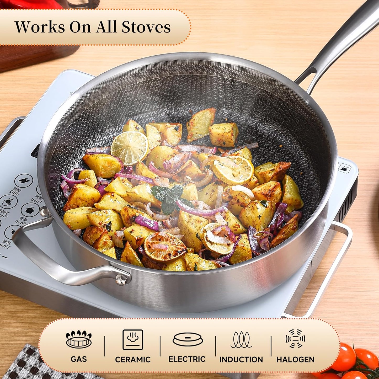 LOLYKITCH 5 QT Hybrid Ceramic Coating Non Stick Tri-Ply Stainless Steel Sauté Pan with Lid, 12 Inch Deep Frying Pan PFOA & PFOS Free,Induction Cooking Pan, Dishwasher and Oven Safe