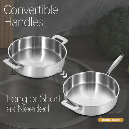 LOLYKITCH 8.5-10 Inch Tri-Ply Stainless Steel Frying Pans and 12 inch Sauté Pan with Lid,Induction Cookware Set,Multipurpose and Detachable Handle,Dishwasher and Oven Safe.