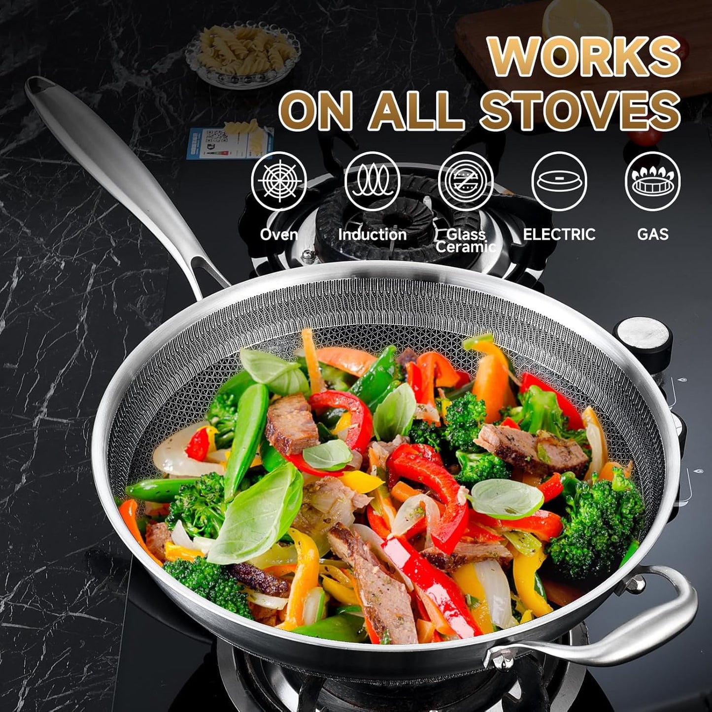 LOLYKITCH 13 inch Nonstick Wok & Stir-fry Pan with Lid, Induction Compatible,Tri-ply Stainless Steel Ceramic Coating Cookware,Perfect for Stir-frying,Sauté,and Simmering,Dishwasher and Oven Safe.