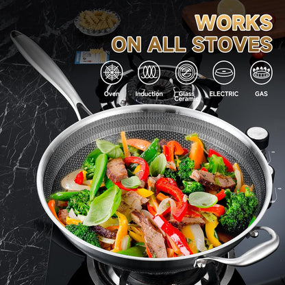 LOLYKITCH 13 inch Nonstick Wok & Stir-fry Pan with Lid, Induction Compatible,Tri-ply Stainless Steel Ceramic Coating Cookware,Perfect for Stir-frying,Sauté,and Simmering,Dishwasher and Oven Safe.