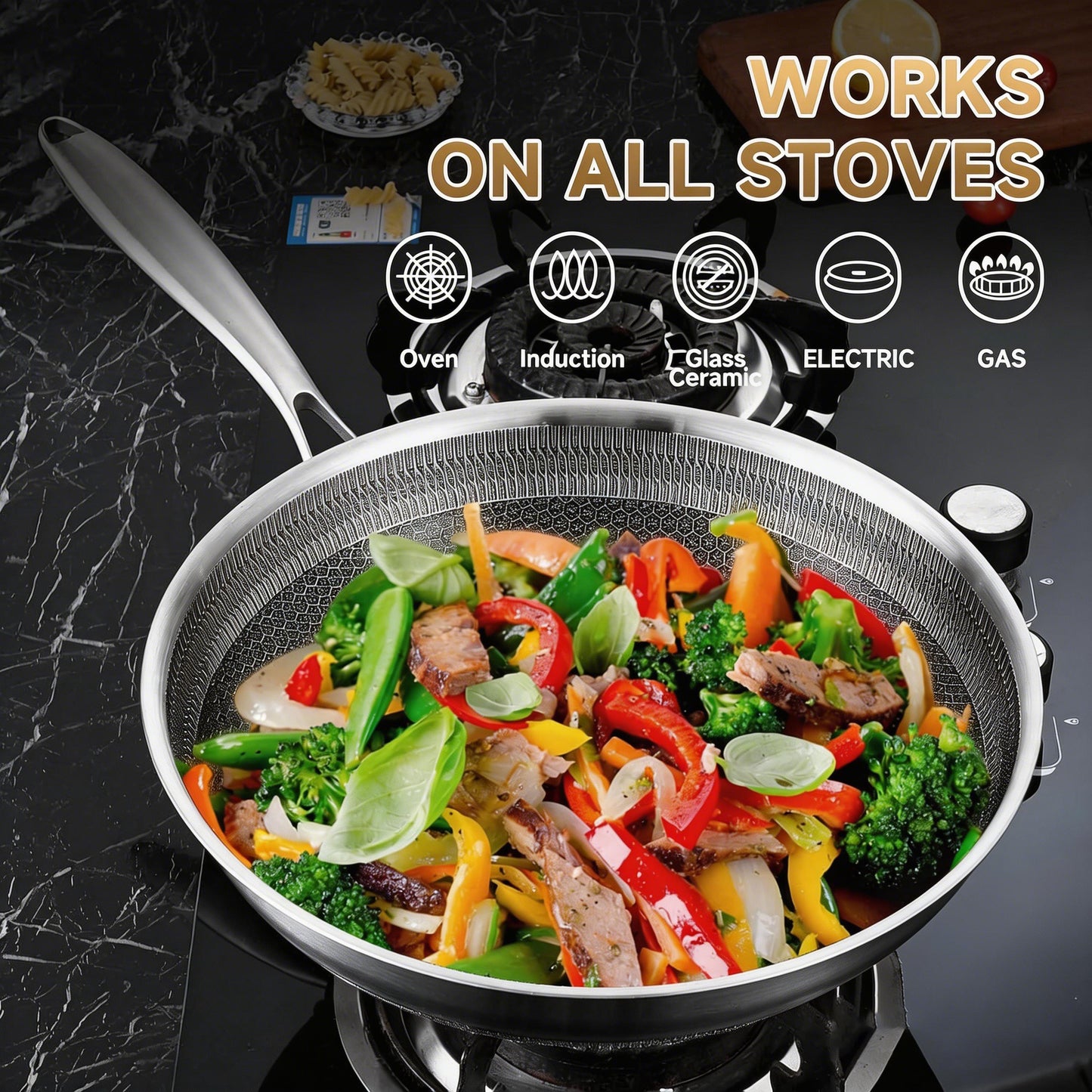 LOLYKITCH Ceramic Hybird Tri-ply Stainless Steel Wok Pan with Lid,12 inch Stir Fry Pan,Dishwasher and Oven Safe,Detachable Handle.