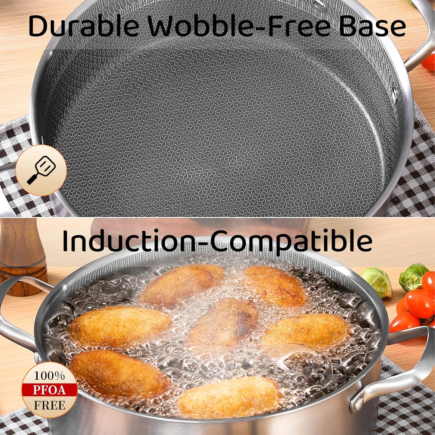 LOLYKITCH 5 QT Hybrid Ceramic Non Stick Tri-Ply Stainless Steel Sauté Pan with Lid,12 Inch Jumbo Cooker,PFOA & PFOS Free,Induction Cooking Pot, Dishwasher and Oven Safe