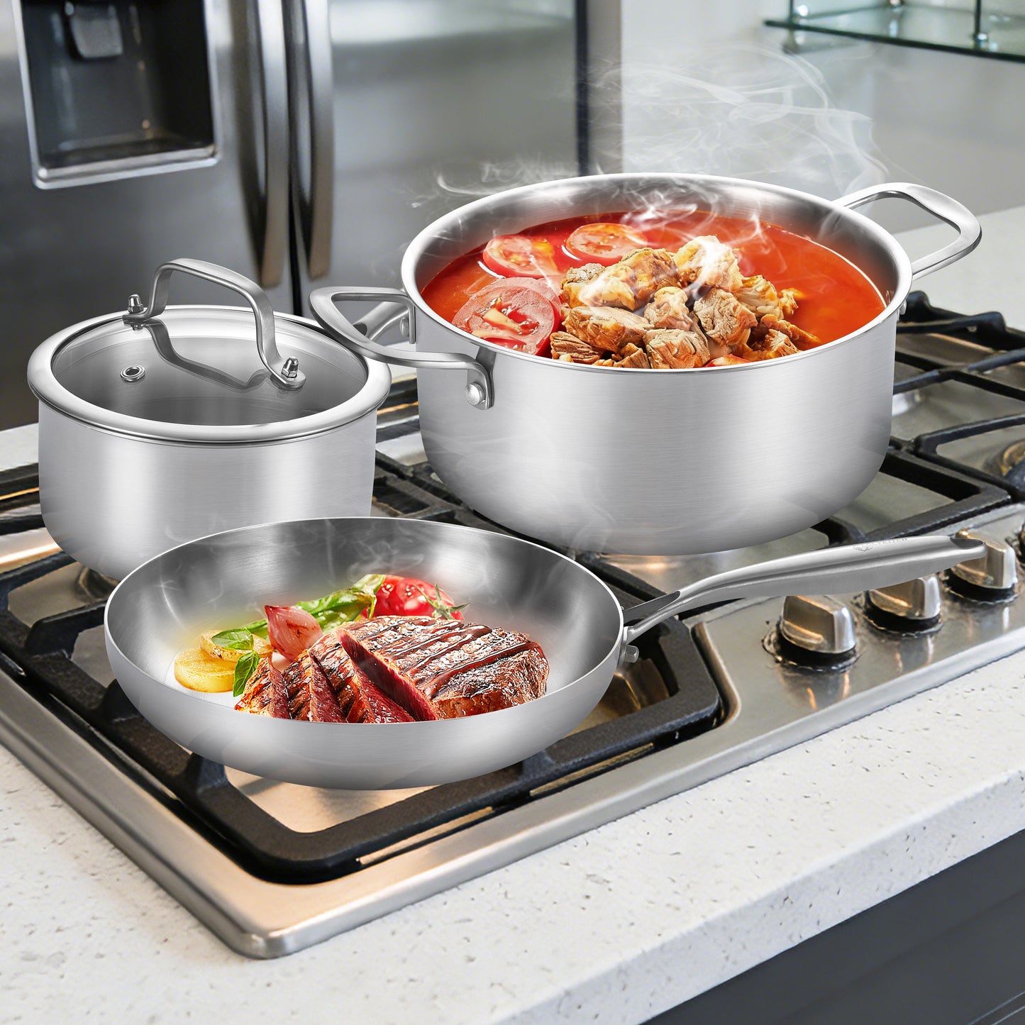 LOLYKITCH 5-Piece Cookware Set,12 inch Frying Pan,2 QT Saucepan,5 QT Stock Pot,Induction Compatible, Corrosion-Resistant & Easy-Clean Home Cooking Combination.