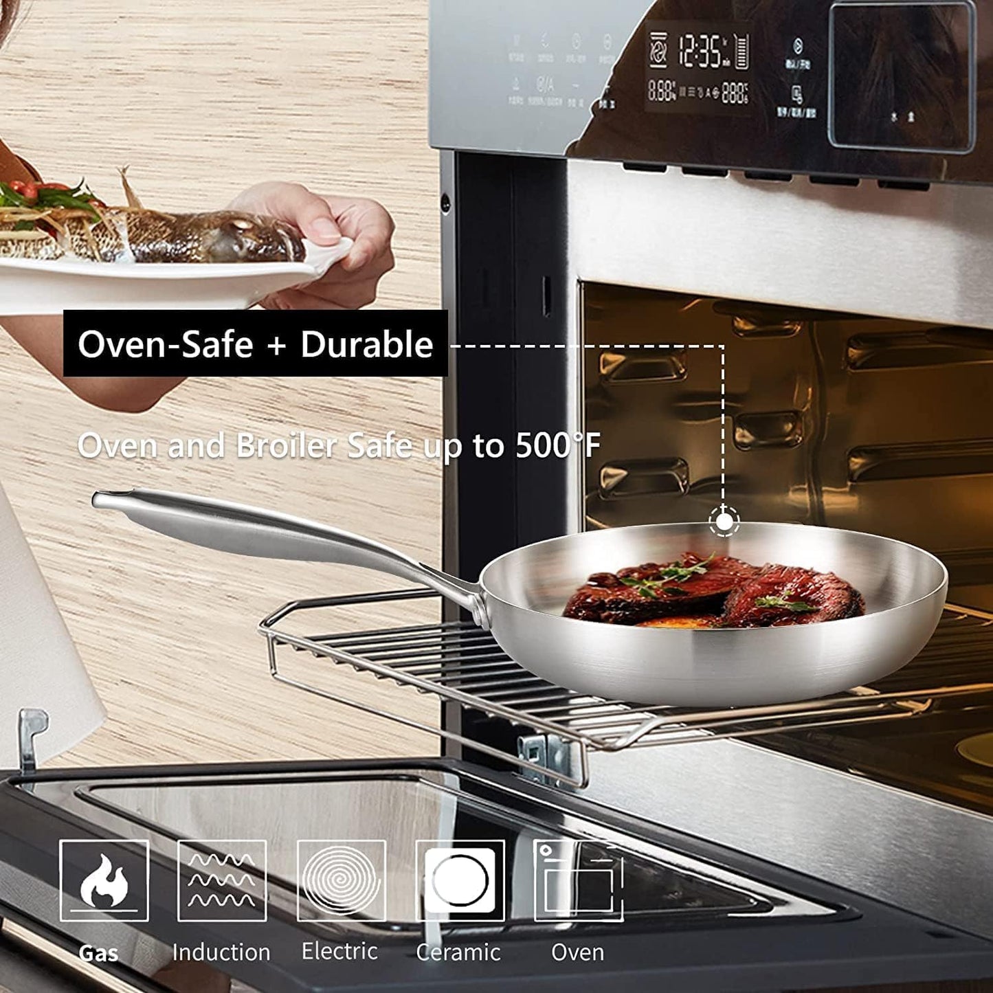 LOLYKITCH 10-12 Inch Tri-ply Stainless Steel Frying Pan Set with Lids,Skillets,Induction Cookware Set,Dishwasher and Oven Safe,Detachable Handle