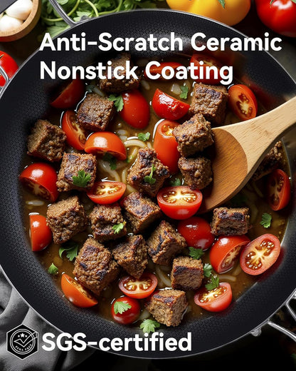 Bzayeat 14-Inch Nonstick Hybrid Frying Pan with Lid, Ceramic Coated Tri-Ply Stainless Steel Induction Chef's Pan, Large Skillet, PFOA Free, Oven & Dishwasher Safe for All Stoves, Detachable Handle