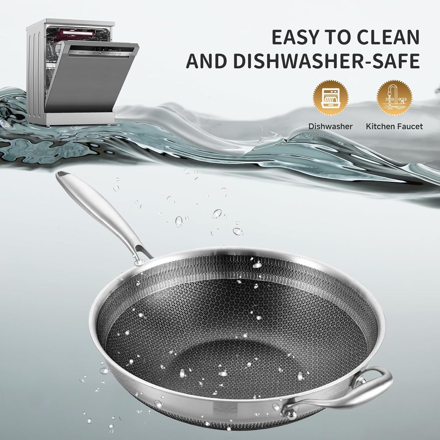 LOLYKITCH 13 inch Nonstick Wok & Stir-fry Pan with Lid, Induction Compatible,Tri-ply Stainless Steel Ceramic Coating Cookware,Perfect for Stir-frying,Sauté,and Simmering,Dishwasher and Oven Safe.