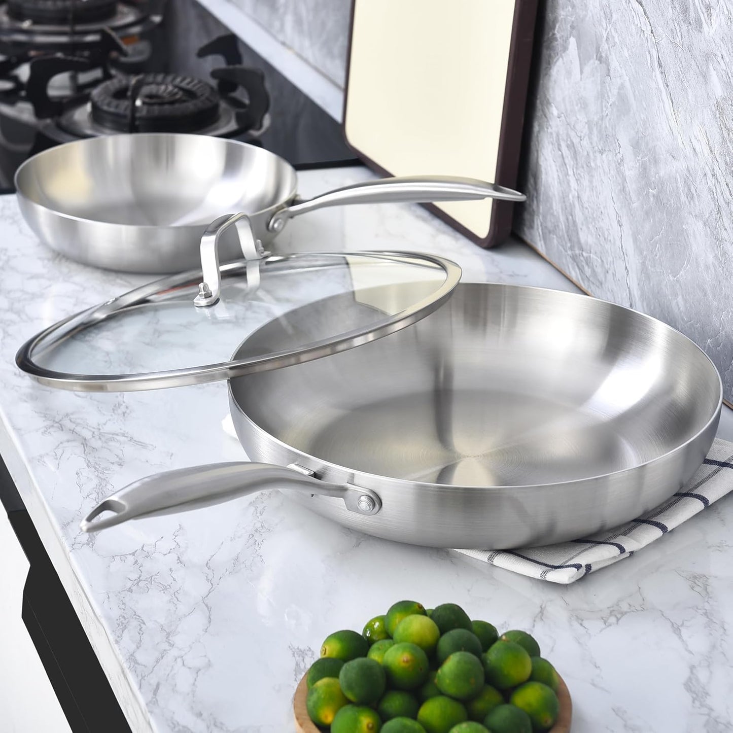 LOLYKITCH 10-12 Inch Tri-ply Stainless Steel Frying Pan Set with Lids,Skillets,Induction Cookware Set,Dishwasher and Oven Safe,Detachable Handle