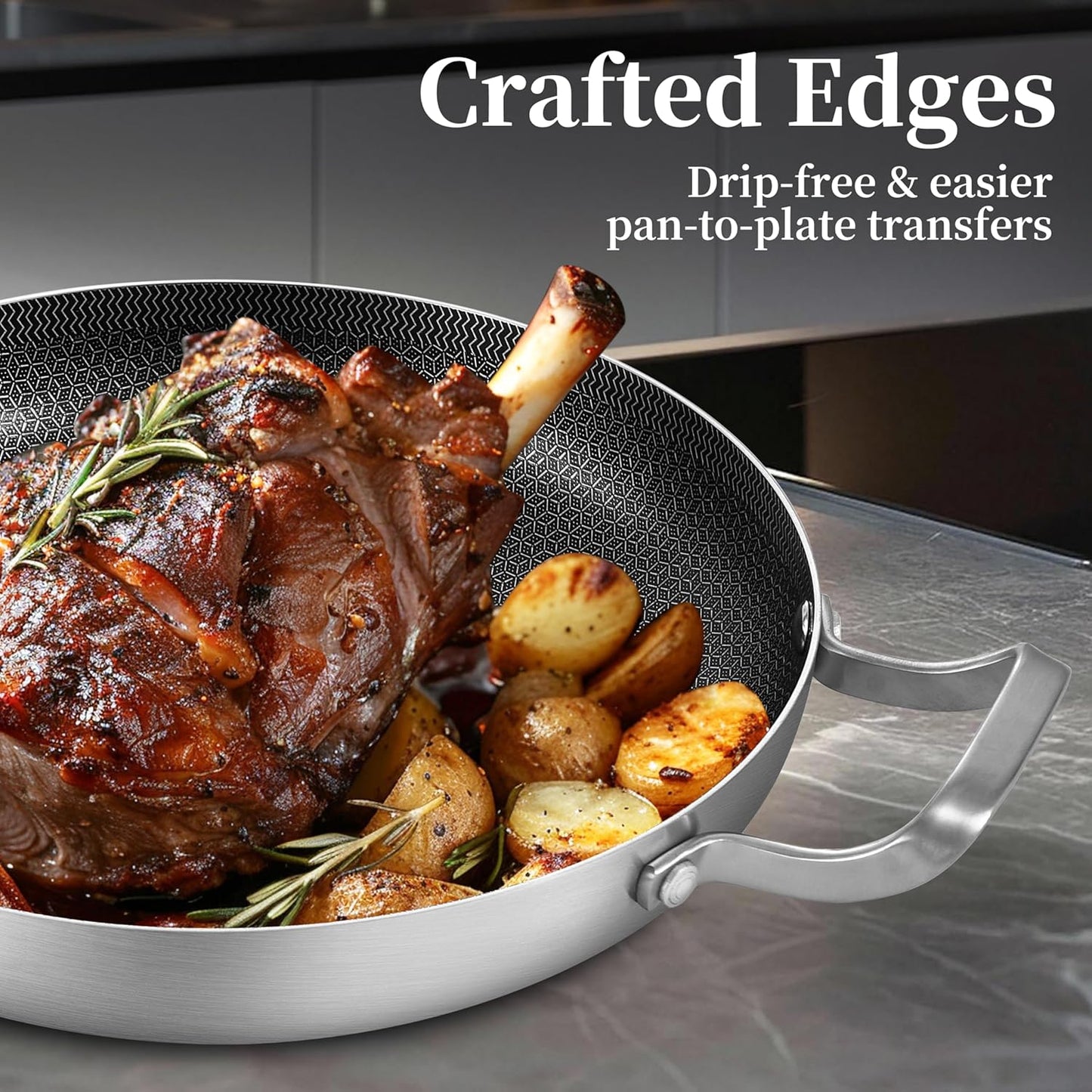 12 Inch Stainless Steel Paella Pan with Lid, Hybrid Ceramic Nonstick Skillet for 2–4 People, Induction Paella Pan for Seafood & Family Meals — Oven-safe Up to 600°F, SGS-certified