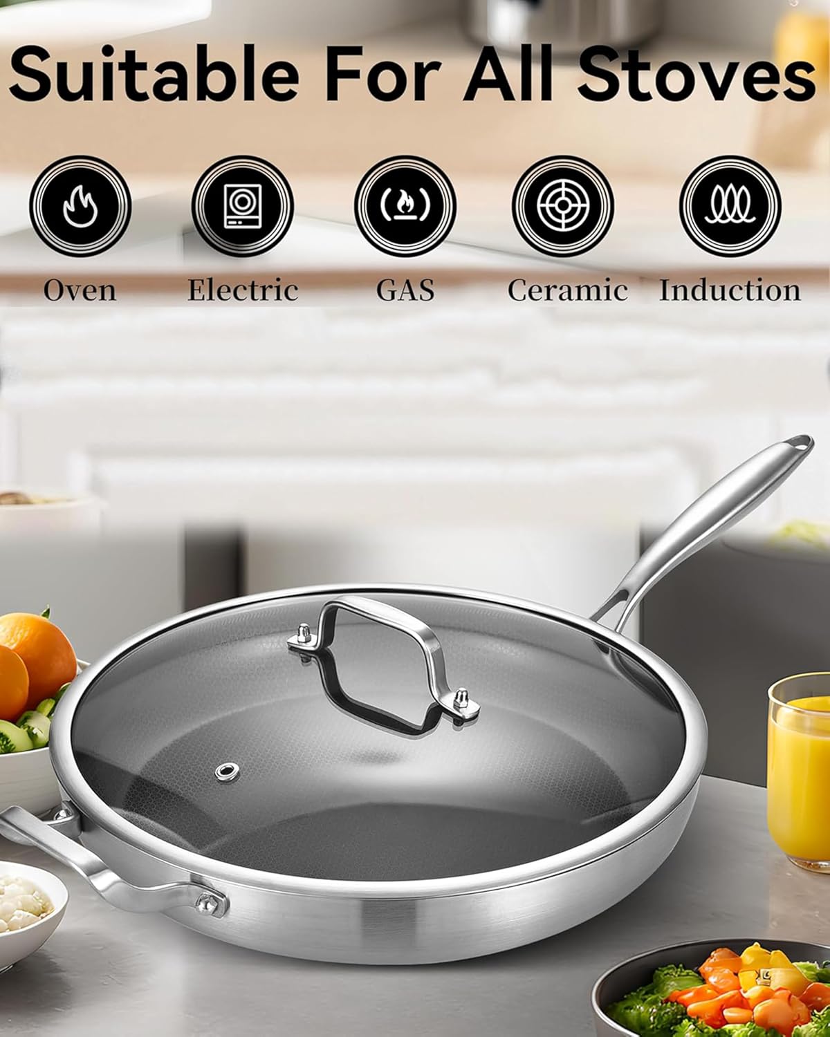 Bzayeat 14-Inch Nonstick Hybrid Frying Pan with Lid, Ceramic Coated Tri-Ply Stainless Steel Induction Chef's Pan, Large Skillet, PFOA Free, Oven & Dishwasher Safe for All Stoves, Detachable Handle