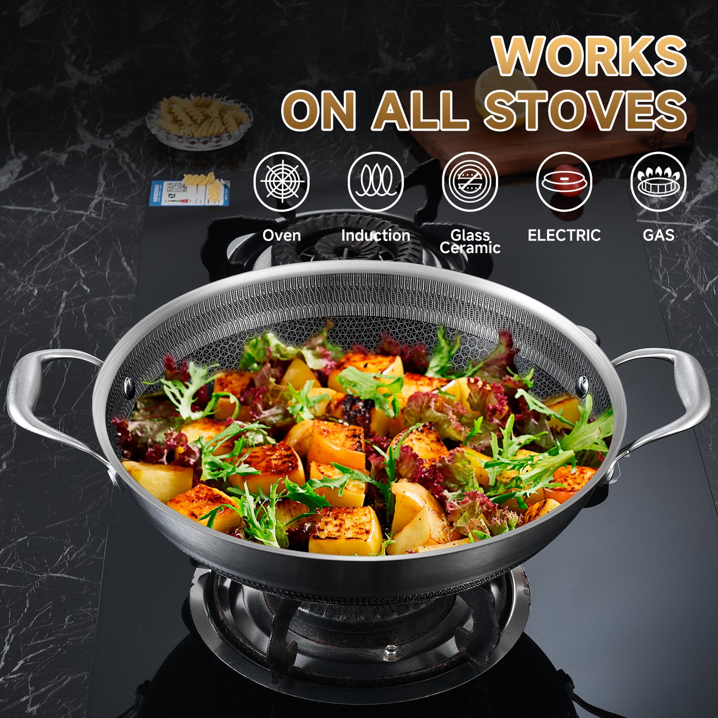 LOLYKITCH 13 inch New Hybrid Tri-Ply Stainless Steel Wok Pan with Lid,Ceramic Non Stick Stir-Fry Pans,Induction Cooking Pot,Dishwasher and Oven Safe.