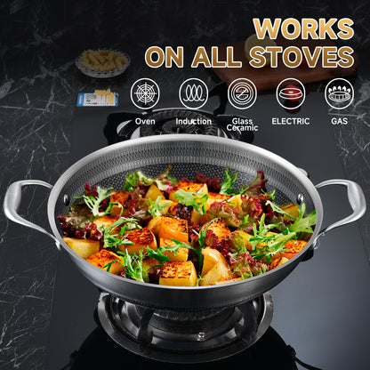 LOLYKITCH 13 inch New Hybrid Tri-Ply Stainless Steel Wok Pan with Lid,Ceramic Non Stick Stir-Fry Pans,Induction Cooking Pot,Dishwasher and Oven Safe.