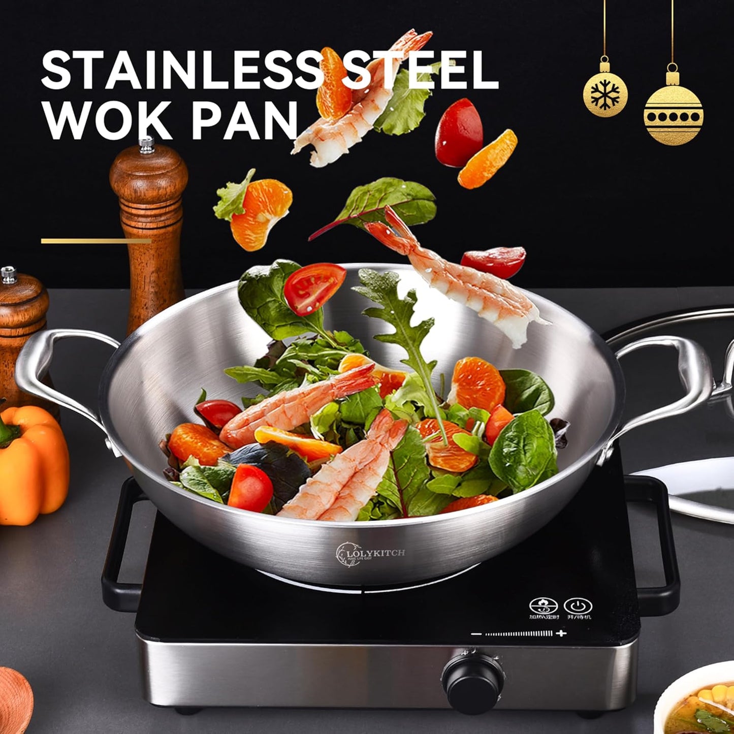 LOLYKITCH 14 inch Tri-Ply Stainless Steel Chef's Wok Pan,Deep Frying Pan,Jumbo Cooker,Induction Cooking Pan,Dishwasher and Oven Safe.