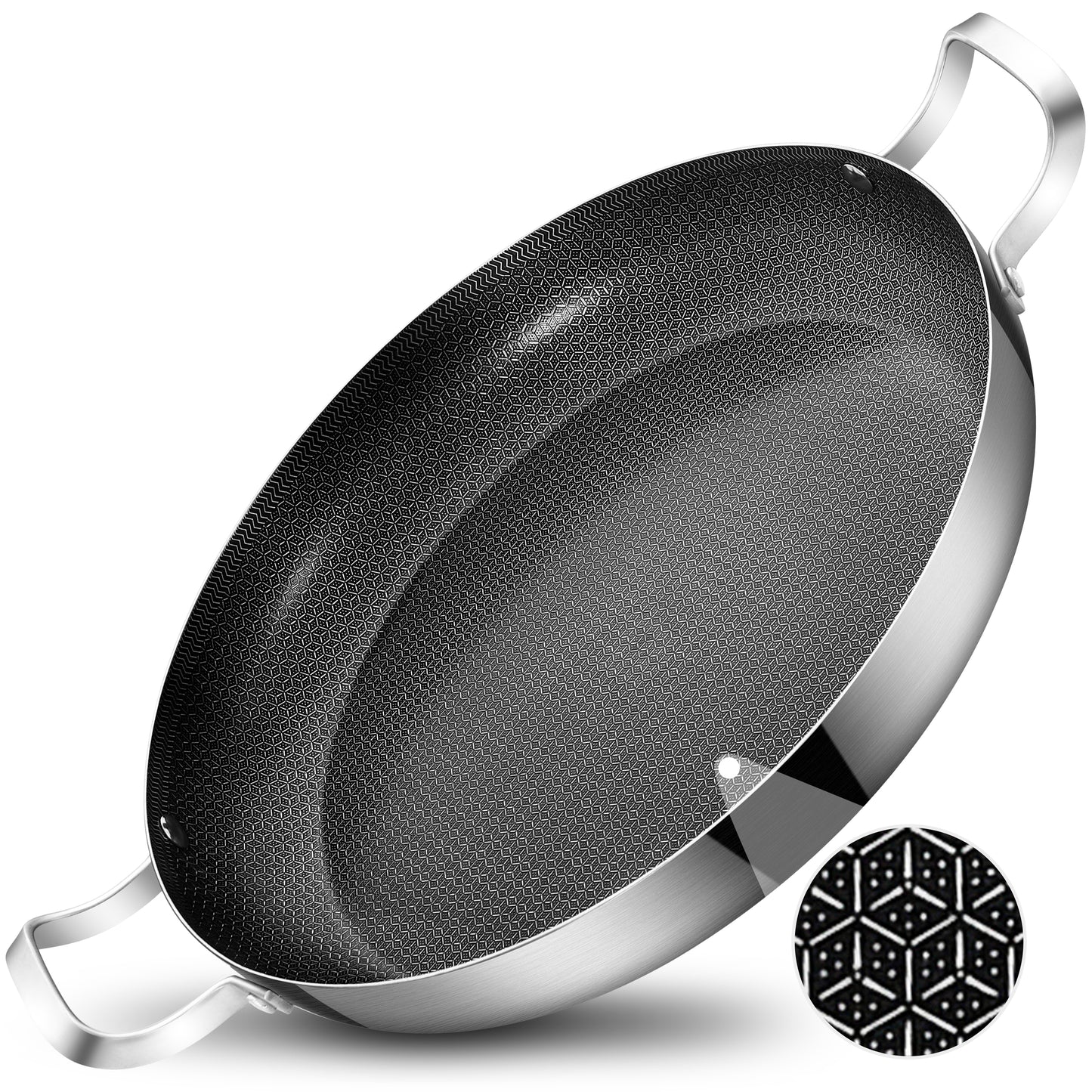 Bzayeat 14 Inch Stainless Steel Paella Pan, Nonstick Ceramic Coating & Induction Compatible Large Skillet, Jumbo Cooker for Spanish Rice, Seafood Paella, Authentic Paella, Socarrat, Oven Safe, 5-8 Servings