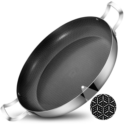 Bzayeat 14 Inch Stainless Steel Paella Pan, Nonstick Ceramic Coating & Induction Compatible Large Skillet, Jumbo Cooker for Spanish Rice, Seafood Paella, Authentic Paella, Socarrat, Oven Safe, 5-8 Servings