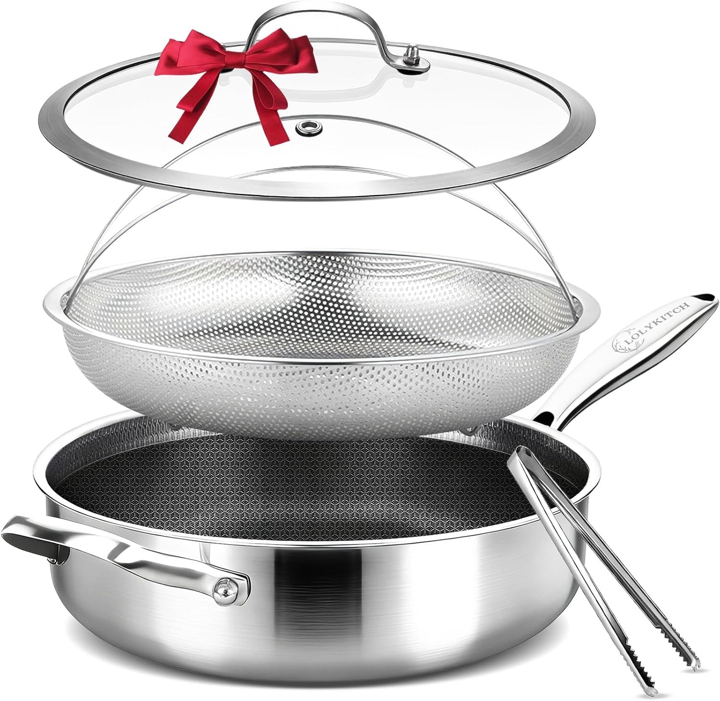LOLYKITCH 5.5-Quart Hybrid Sauté Pan with Lid, 12-Inch Nonstick Deep Skillet with Fry Basket & Tongs, 3-ply Stainless Steel Large Frying Pan with Steam Insert, Works on All Cooktops