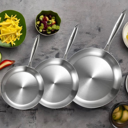 LOLYKITCH 8-10-12 inch Tri-Ply Stainless Steel Frying Pan Set with Lids,Skillets,Induction Cooking Pans,Pots and Pans Set,Dishwasher and Oven Safe.