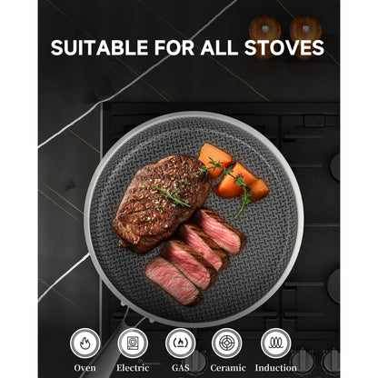 LOLYKITCH 7 Quarts Hybrid Ceramic Nonstick Tri-Ply Stainless Steel Sauté and 12 Fry Pan Set with Lid,Induction Cookware,Dishwasher and Oven Safe,Detachable Handle.
