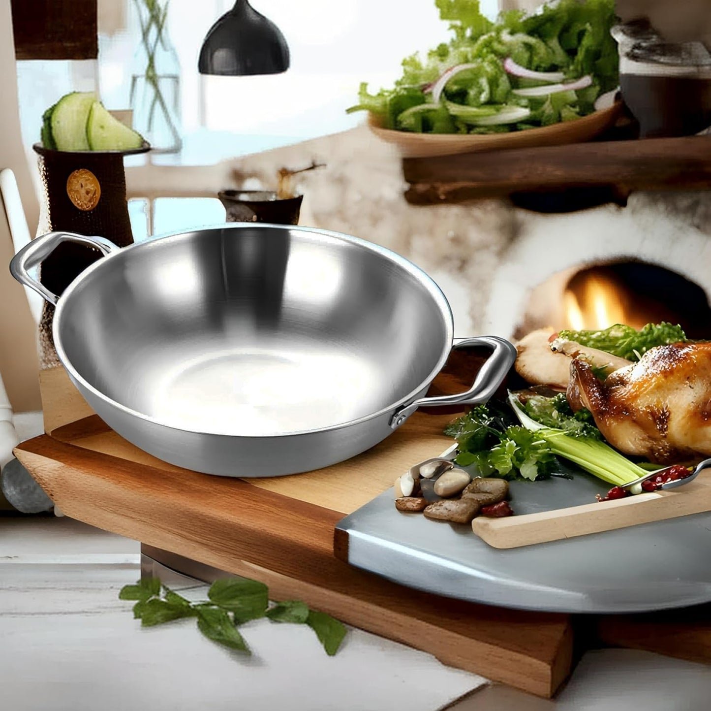 LOLYKITCH 14 inch Tri-Ply Stainless Steel Chef's Wok Pan,Deep Frying Pan,Jumbo Cooker,Induction Cooking Pan,Dishwasher and Oven Safe.