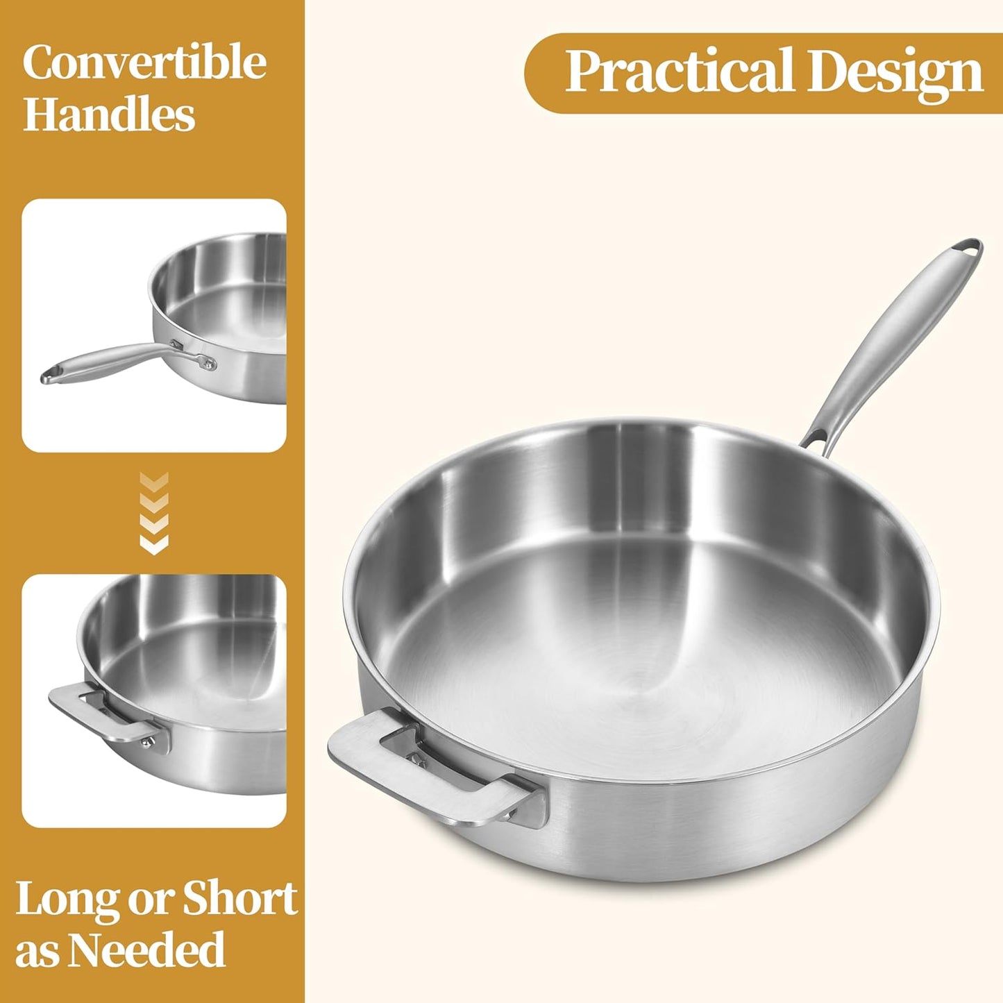 LOLYKITCH 8.5-10 Inch Tri-Ply Stainless Steel Frying Pans and 12 inch Sauté Pan with Lid,Induction Cookware Set,Multipurpose and Detachable Handle,Dishwasher and Oven Safe.