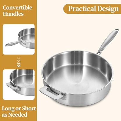 LOLYKITCH 8.5-10 Inch Tri-Ply Stainless Steel Frying Pans and 12 inch Sauté Pan with Lid,Induction Cookware Set,Multipurpose and Detachable Handle,Dishwasher and Oven Safe.