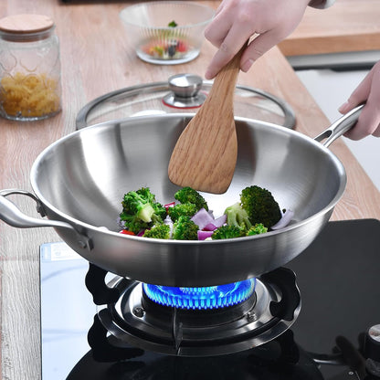 LOLYKITCH 14 inch Tri-Ply Stainless Steel Wok Pan, Stir-Frying Pan,Induction Cooking Pan,Dishwasher and Oven Safe,Heavy Duty and Detachable Handle.