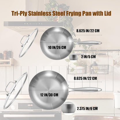 LOLYKITCH 10-12 Inch Tri-ply Stainless Steel Frying Pan Set with Lids,Skillets,Induction Cookware Set,Dishwasher and Oven Safe,Detachable Handle