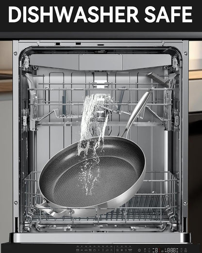 Bzayeat 14-Inch Nonstick Hybrid Frying Pan with Lid, Ceramic Coated Tri-Ply Stainless Steel Induction Chef's Pan, Large Skillet, PFOA Free, Oven & Dishwasher Safe for All Stoves, Detachable Handle