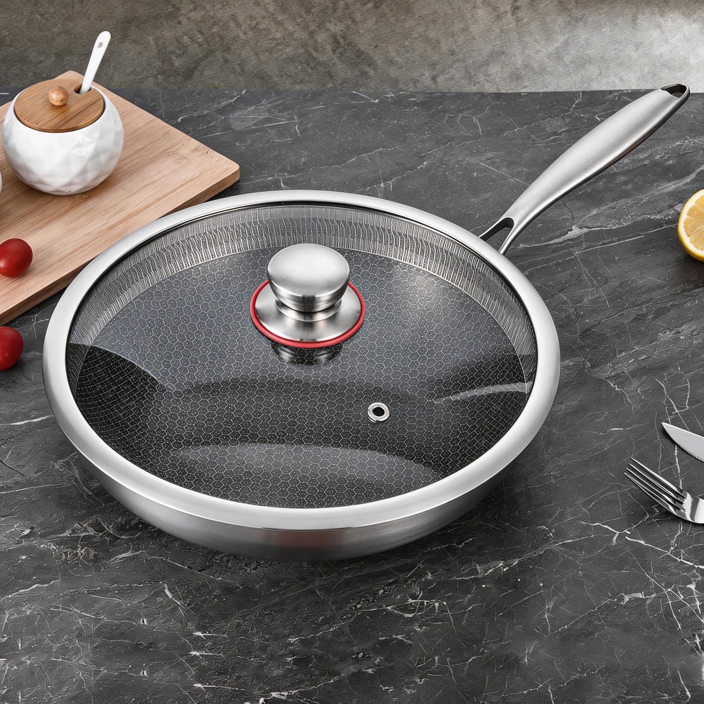 LOLYKITCH Ceramic Hybird Tri-ply Stainless Steel Wok Pan with Lid,12 inch Stir Fry Pan,Dishwasher and Oven Safe,Detachable Handle.