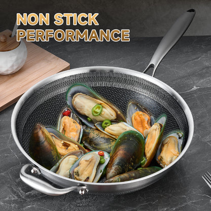LOLYKITCH 13 inch Nonstick Wok & Stir-fry Pan with Lid, Induction Compatible,Tri-ply Stainless Steel Ceramic Coating Cookware,Perfect for Stir-frying,Sauté,and Simmering,Dishwasher and Oven Safe.