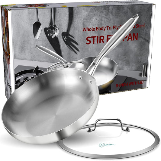 LOLYKITCH 8.5 inch Tri-ply Stainless Steel Chef's Pan,Frying Pan with Lid,Skillet,Induction Pan,Cook Pot and Pan Set,Dishwasher and Oven Safe.(Rivet Handle)
