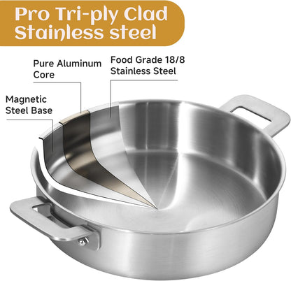LOLYKITCH Sauté Pan, 6QT Tri-Ply Stainless Steel Deep Cooking Pan, 12 Inch Everyday Pan with Lid, Large Induction Frying Skillet Compatible with All Cooktops, Two Ergonomic Handles for Conversion